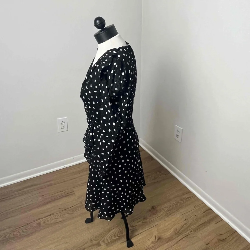 Rebecca Taylor Black Polka Dot Long‎ Sleeve V Neck Silk Faux Wrap Dress Size 4
